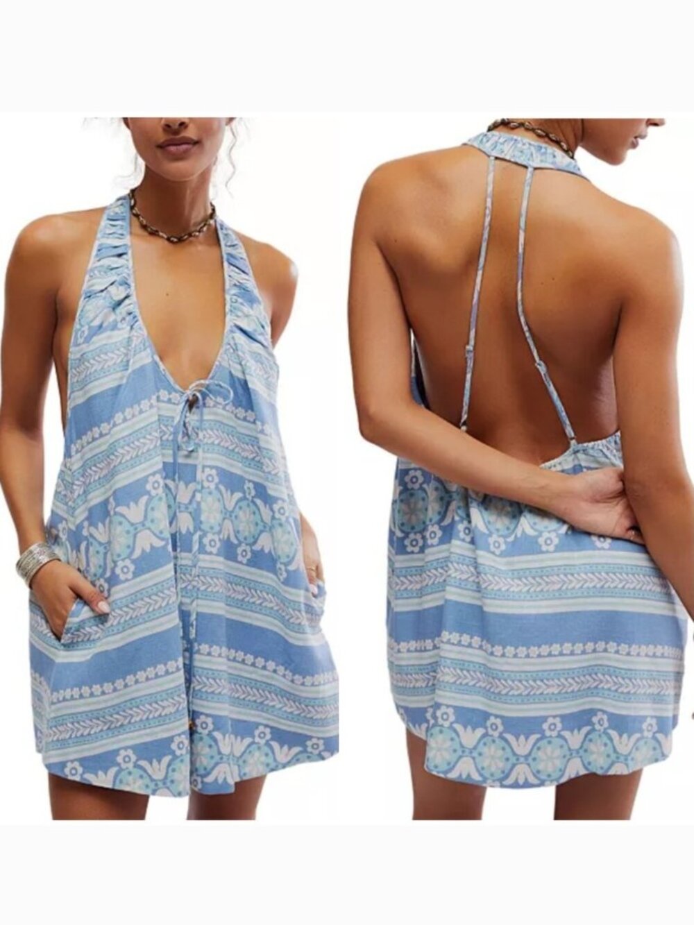 Free People Halterneck Blue Patchwork Print Mini Dress Size Medium